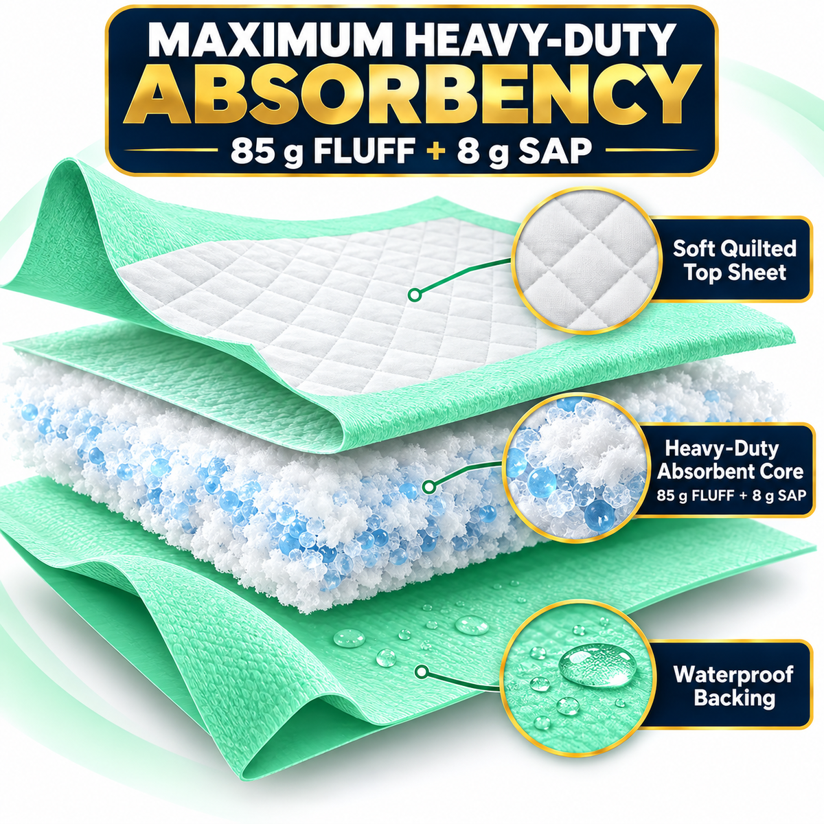 DURAMEG heavy-duty underpad with 85 gram fluff and 8 gram SAP absorbent core
