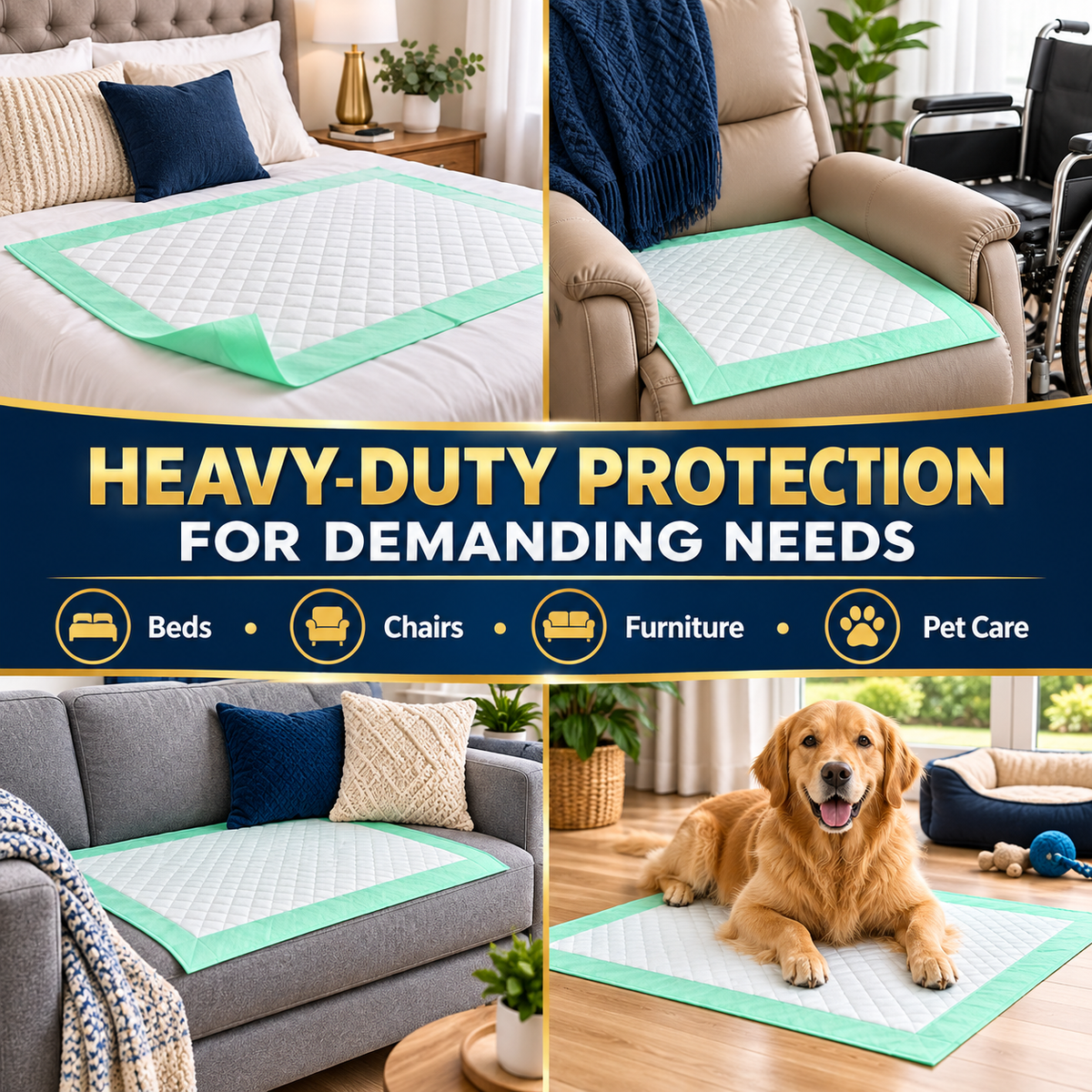 DURAMEG green heavy-duty underpads for beds chairs furniture and pet care