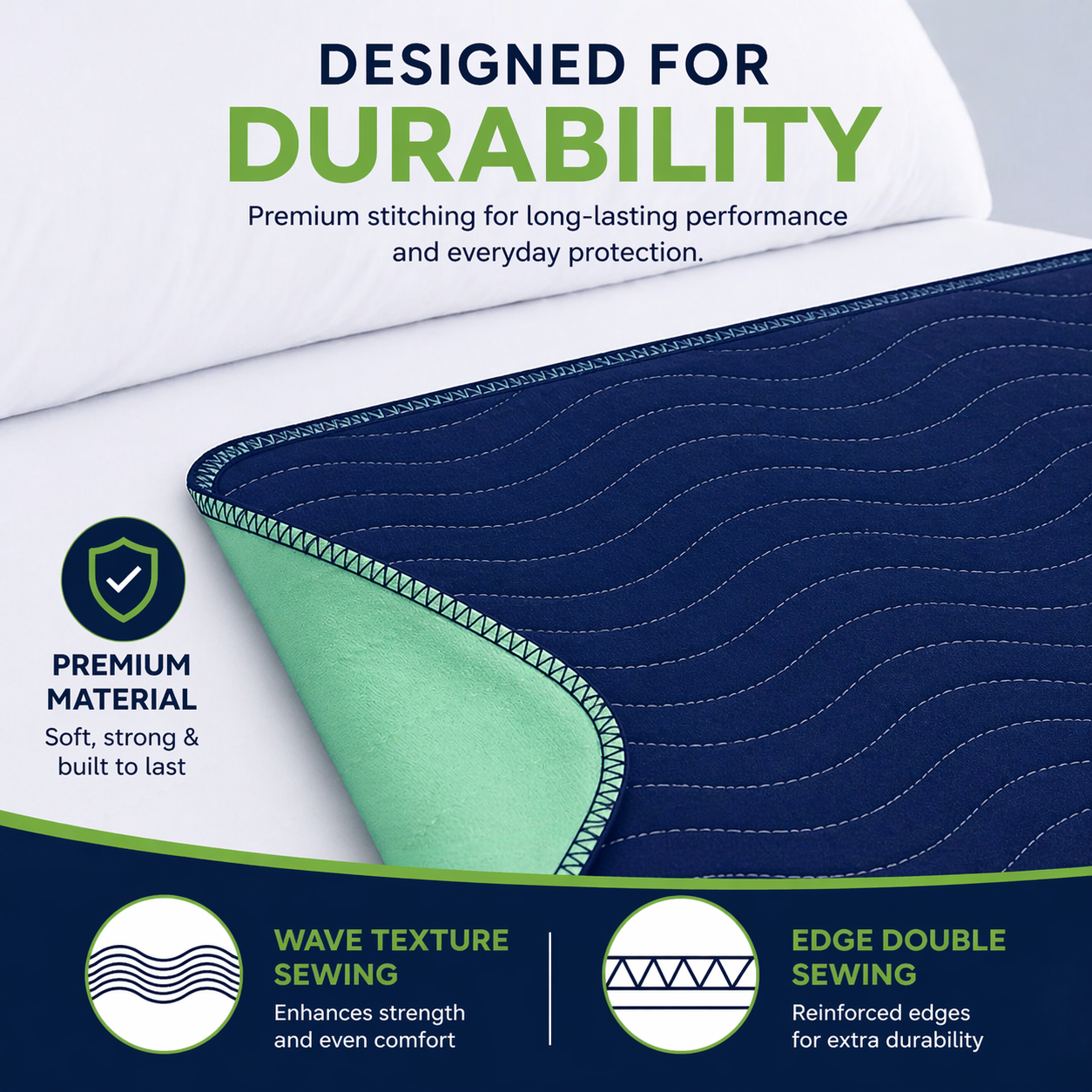 DURAMEG adult underpad durable wave stitching and reinforced edge construction