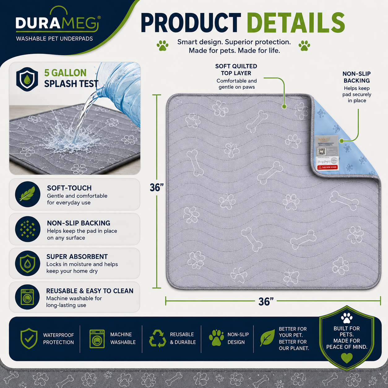 DURAMEG 36 x 36 washable pet pad product details