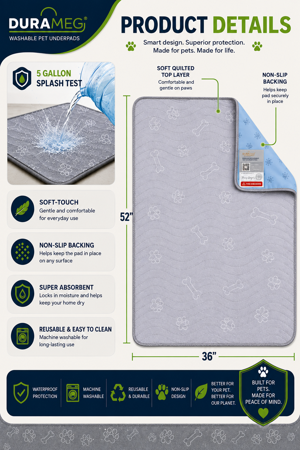 DURAMEG 36 x 52 washable pet pad product details
