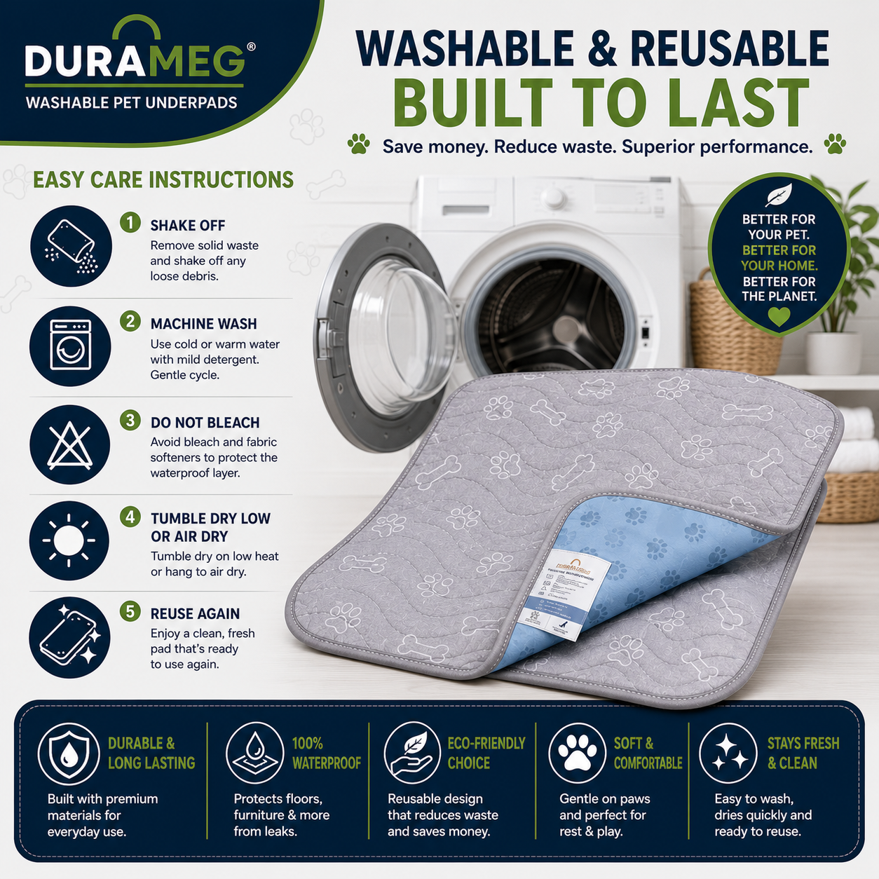 Machine washing and care instructions for DURAMEG reusable pet pads