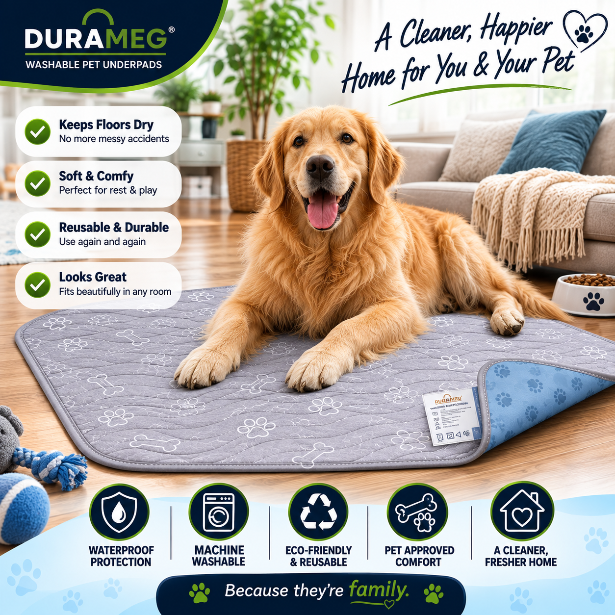 DURAMEG washable pet pad for a cleaner comfortable home
