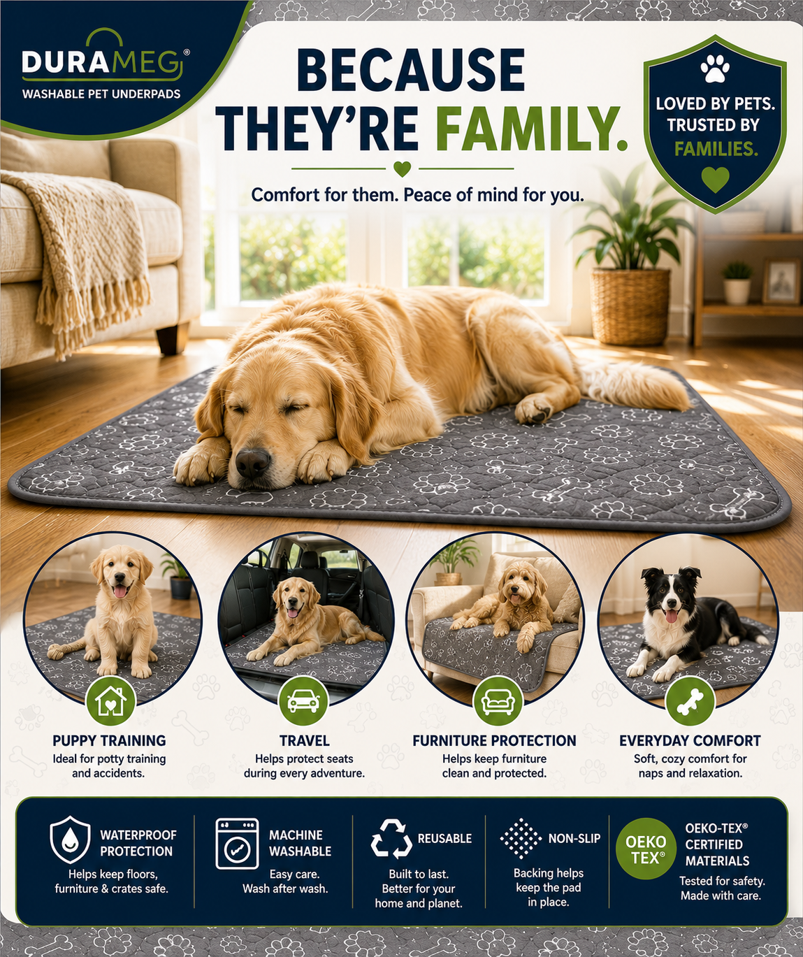 Dog resting comfortably on DURAMEG washable pet underpad