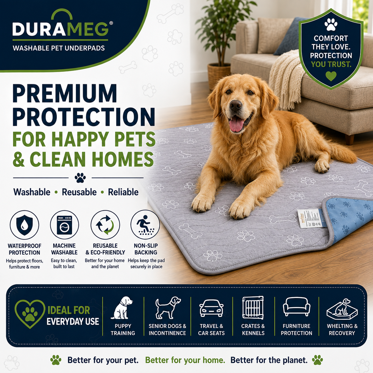 DURAMEG premium washable pet pad protection for large dogs