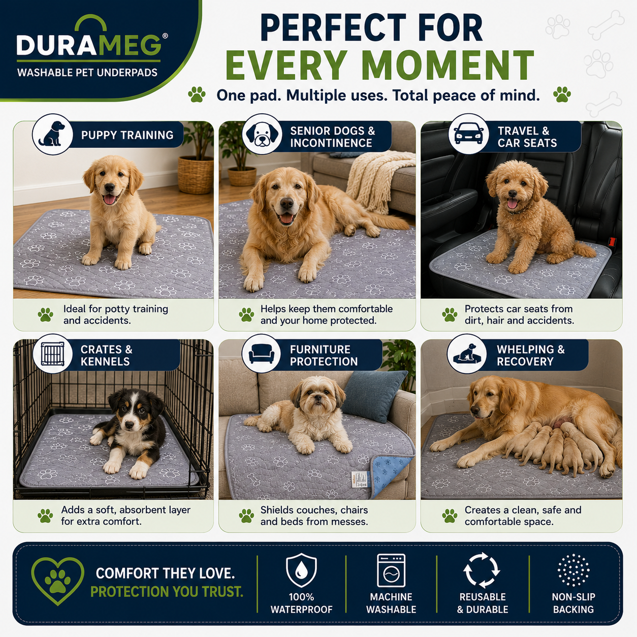 Uses for DURAMEG washable puppy pads including training travel crates and furniture