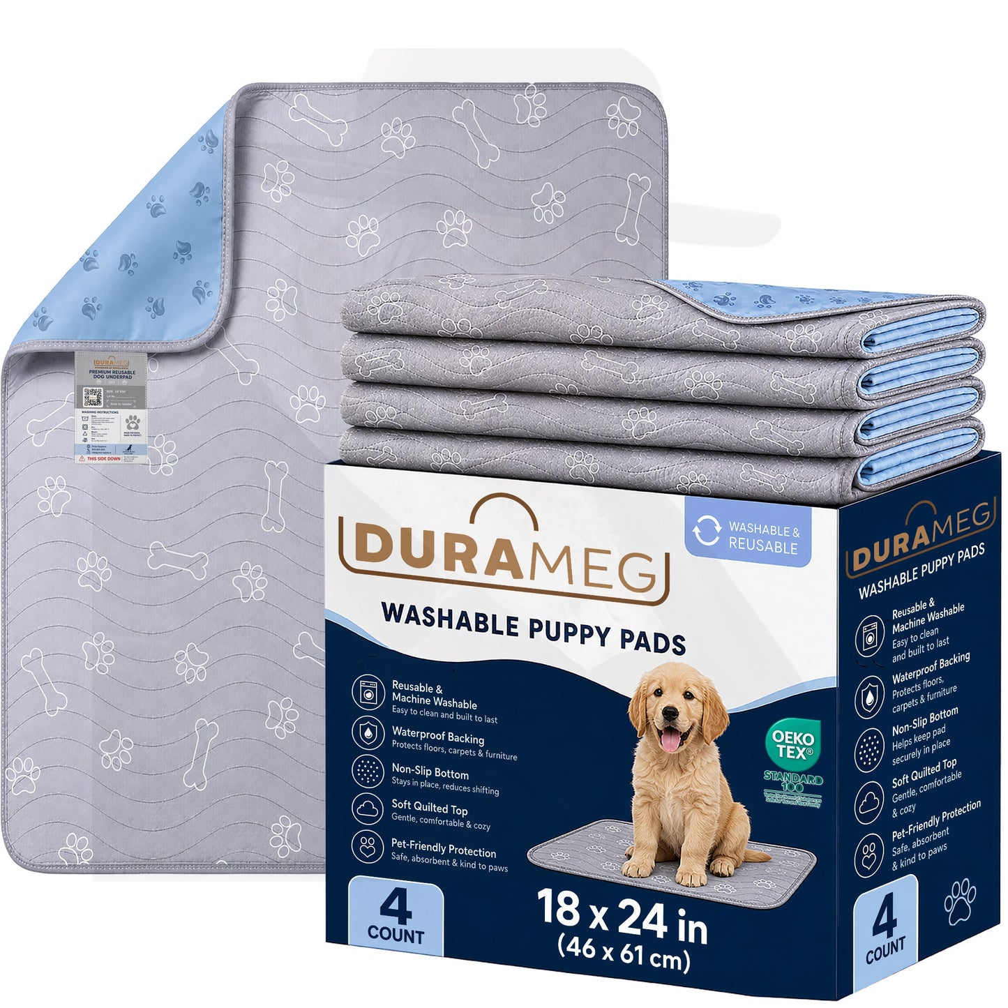 DURAMEG washable puppy pads 18 x 24 inch 4 pack with retail box