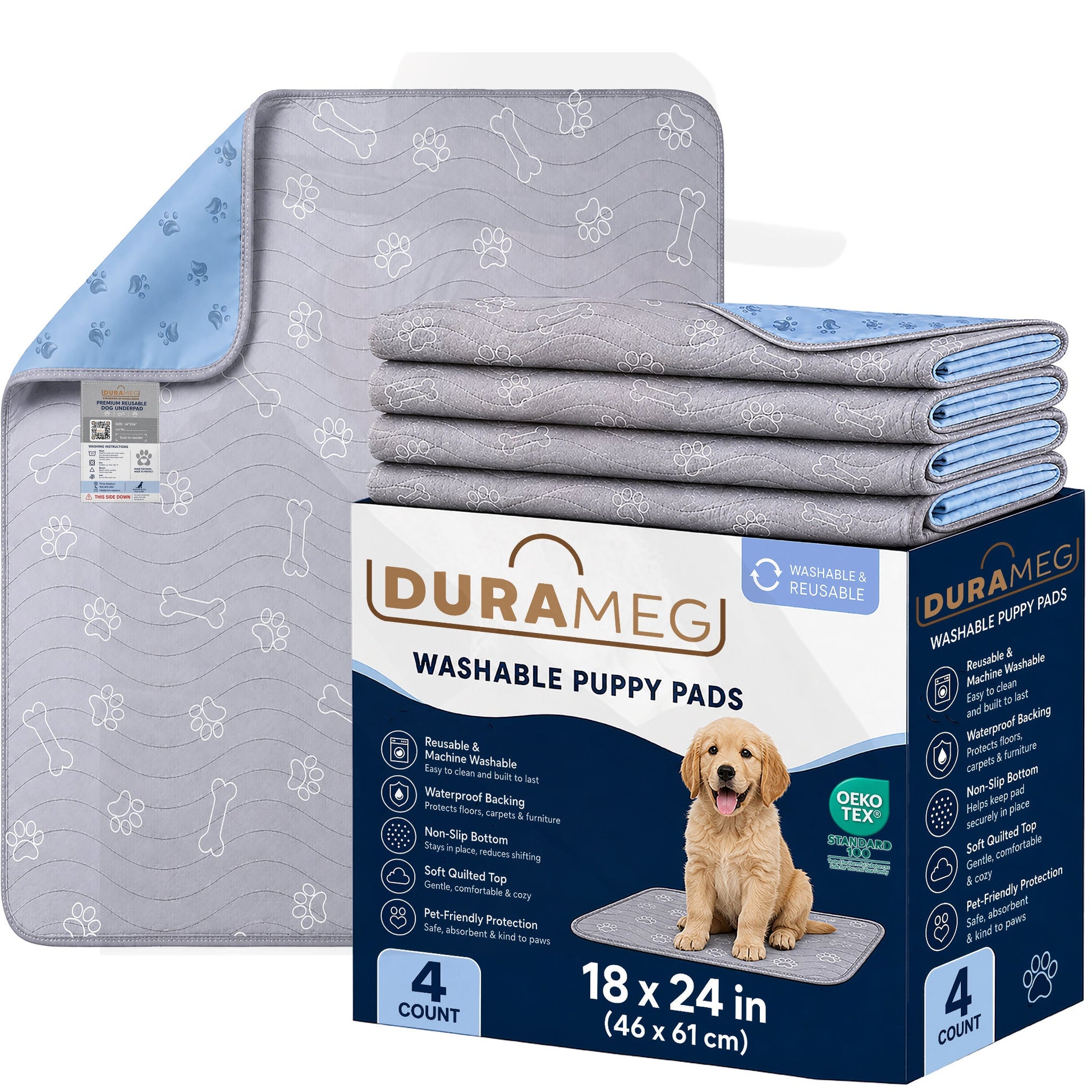 DURAMEG washable puppy pads 18 x 24 inch 4 pack with retail box