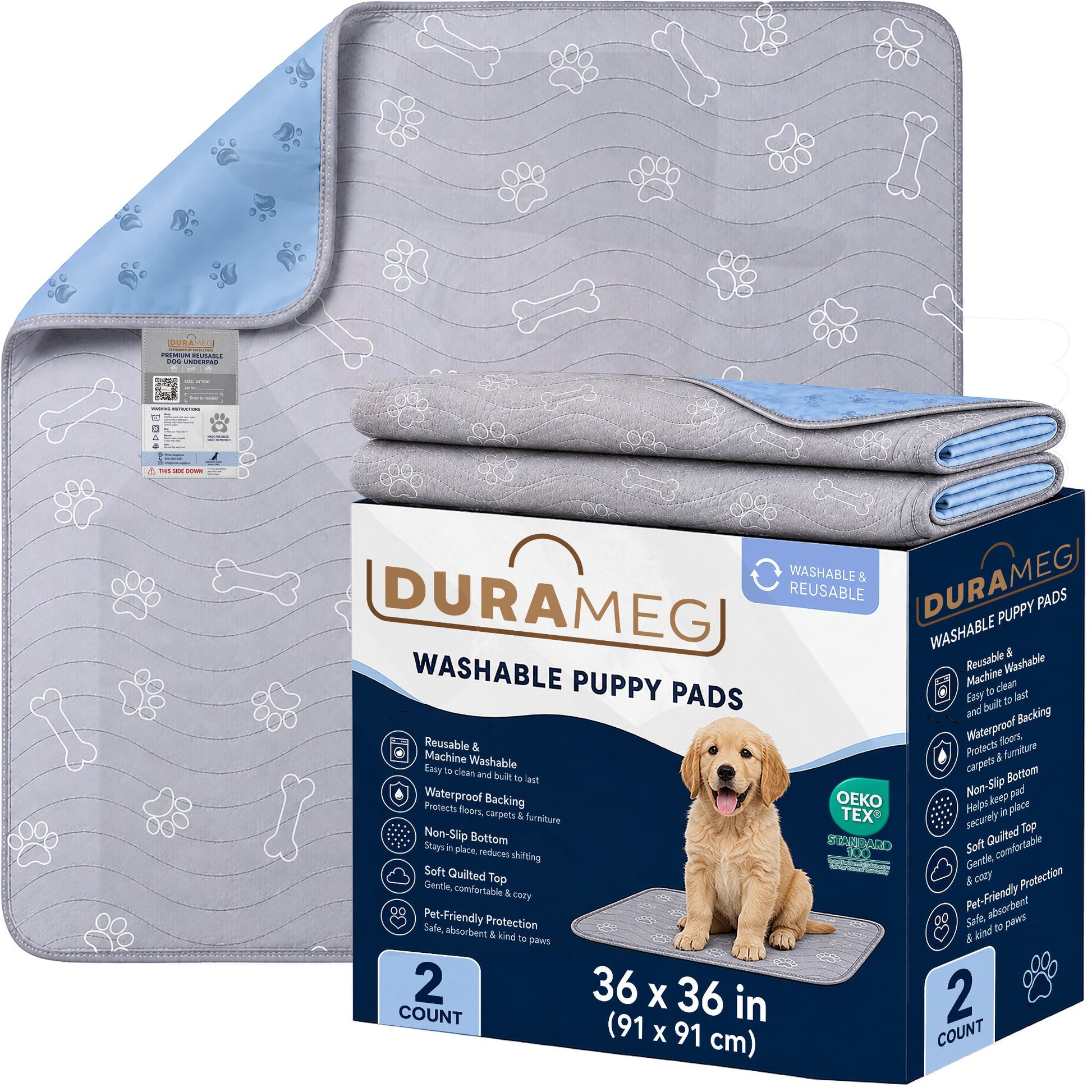 DURAMEG washable puppy pads 36 x 36 inch 2 pack with retail box