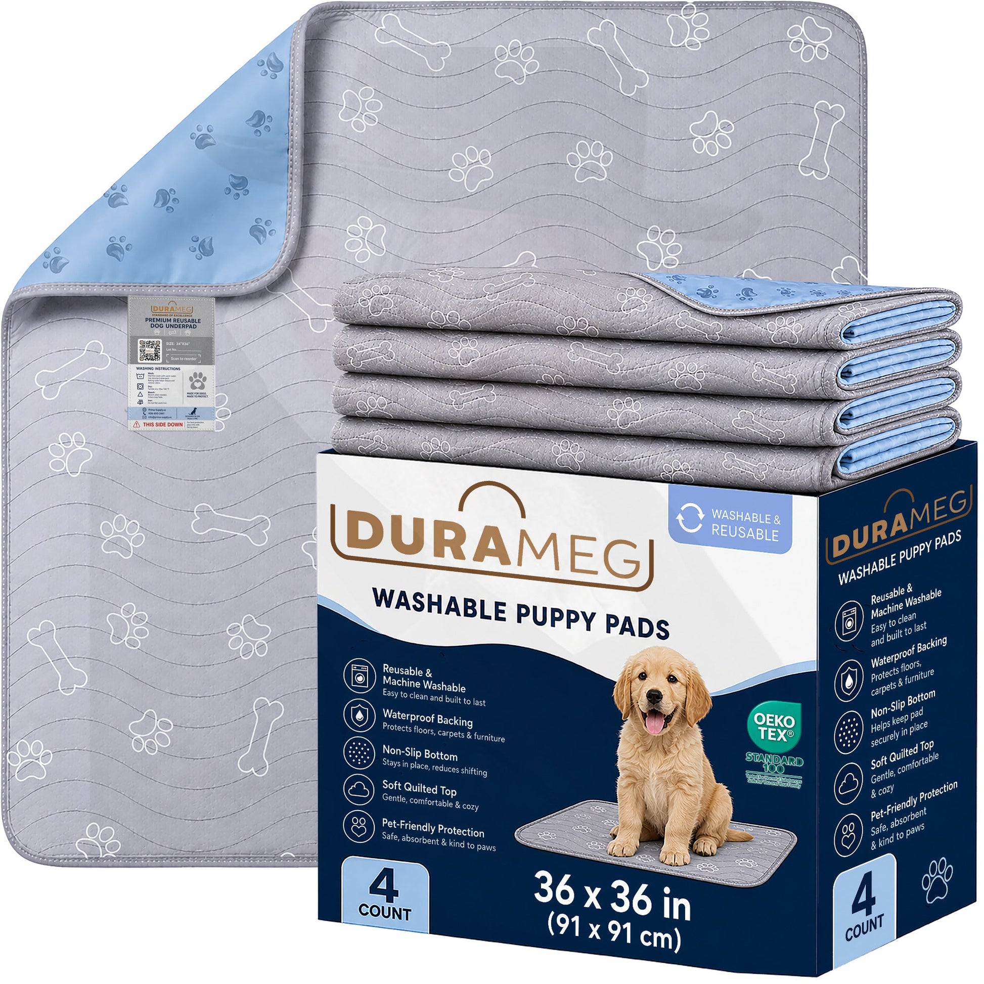 DURAMEG washable puppy pads 36 x 36 inch 4 pack with retail box
