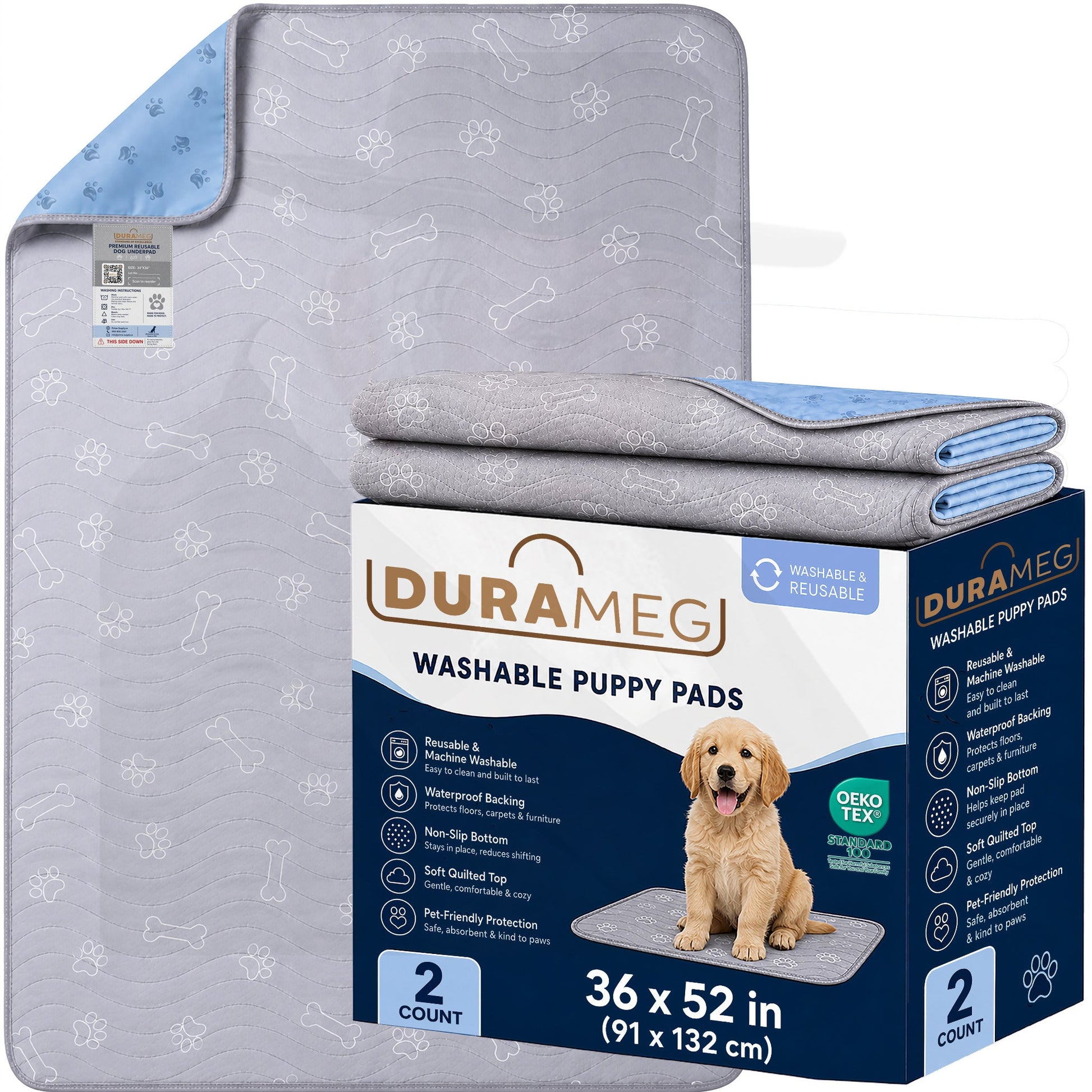 DURAMEG washable puppy pads 36 x 52 inch 2 pack with retail box